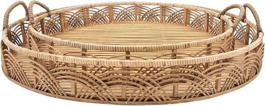 Set of 2 Handwoven Rattan Serving Trays with Handles – Round Bamboo Wood Tray for Office & Home Decor – Decorative Serving Tray Organizer for Living Room & Bedroom, Rustic Brown by SagebrookHome