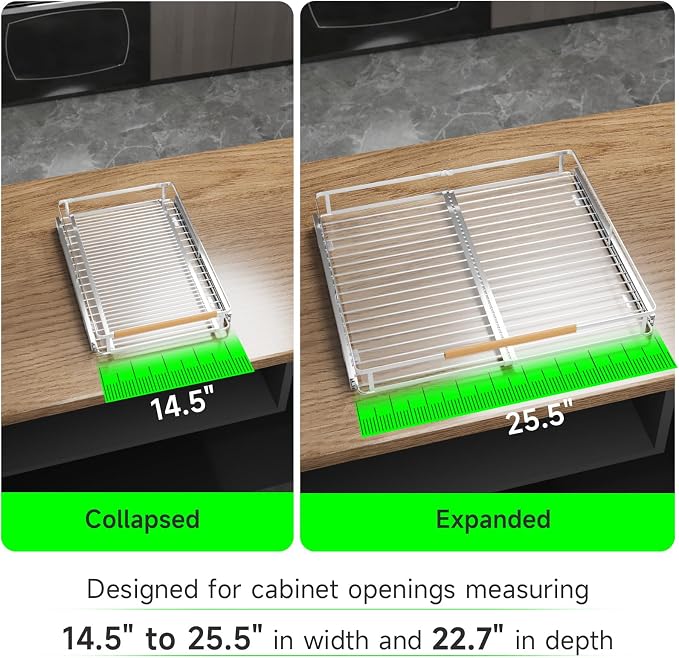 Expandable Pull-Out Cabinet Drawers, Slide-Out Shelves, Large 1 Pack | Smooth Slide-Out Access, Adjustable Fit, Pull-Out Organization, Small Cabinet Use, Space-Saving, (14.5"-25.5") W x 22.7" D - Image 5