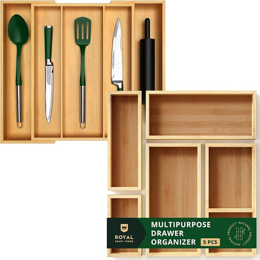 ROYAL CRAFT WOOD Luxury Bamboo Kitchen Drawer Organizer - Expandable Utensil Organizer for Drawer - Multi-Use Drawer Organizer Set by ROYALCRAFTWOOD