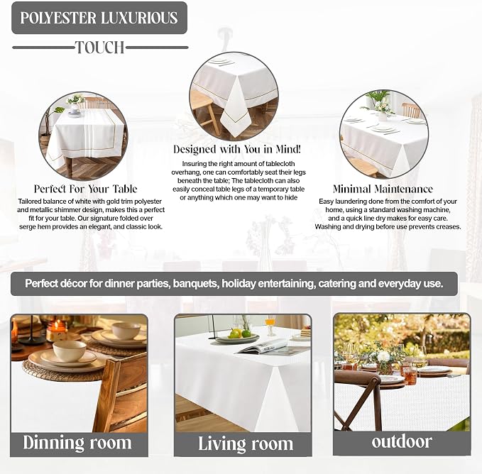 Majestic Giftware Linen Look Polyester Tablecloths for Rectangle Tables | (70/120) - TC1553 White with Gold Trim Design Etched at Seam Table Cover | Decorative Washable Tablecloth for Kitchen & Dining - Image 4