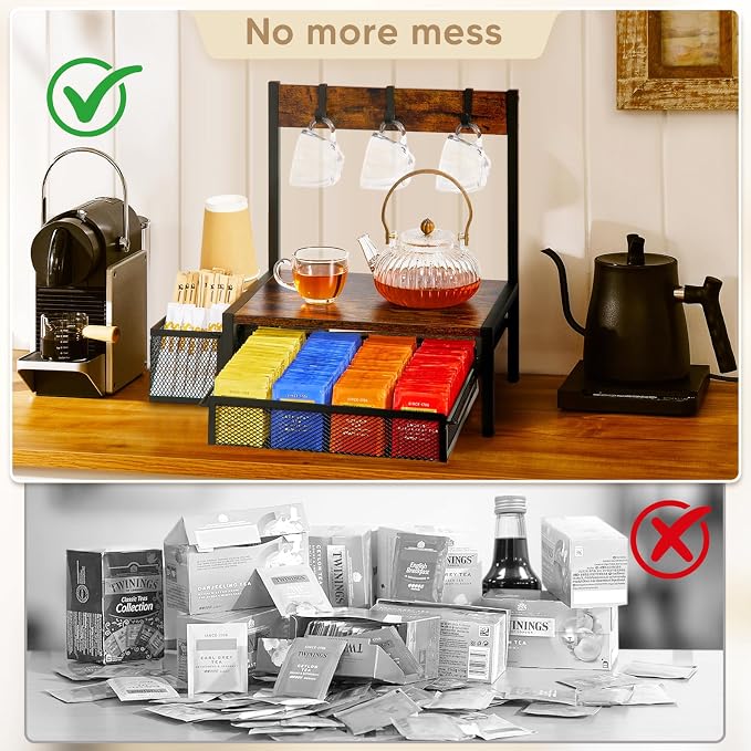 DGWJSU Tea Bag Organizer, Wood Tea Organizer and Storage Cheast, Tea Bag Holder with Storage Drawer, 4 Hooks for Tea Cups Holder, Tea Station Chest Display Container Box for Countertop Kitchen - Image 5