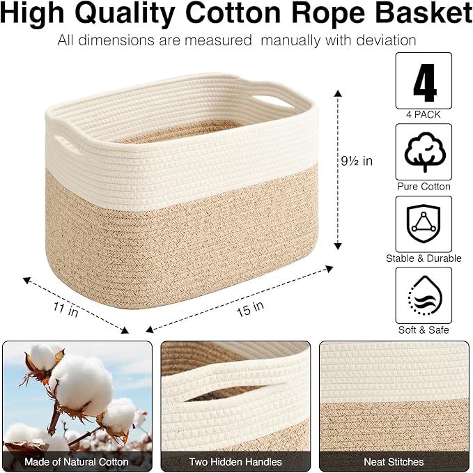 ICERZCZ Storage Baskets for Organizing & Shelves, Woven Cotton Rope Organization Bins for Dog Toys, Clothes, Books, Nursery Organizer, 15"Lx11''Wx9.5''H, (4 Packs) Off White & Brown - Image 3