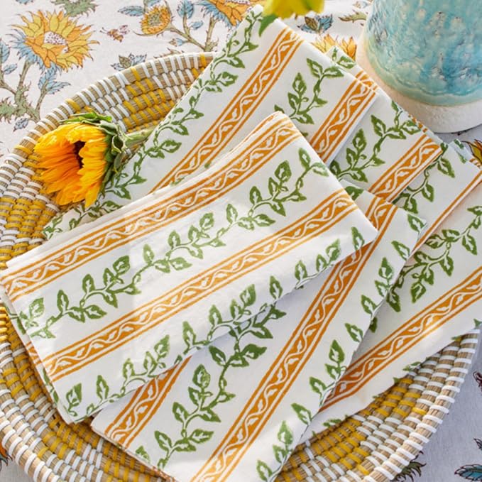 100% Yellow Cotton Dinner Napkins, Set of 6, Hand Printed Sunflower Serenade Design, Fair Trade, Washable Cloth Napkins for Parties & Cocktails 20x20 in by SaffronMarigold