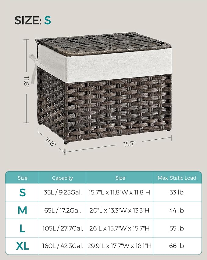 SONGMICS Storage Basket with Lid, Woven Blanket Storage Bin with Handles, Foldable, Removable Liner, Metal Frame, for Bedroom, Laundry Room, 9.2 Gallons (35 L), Brown URST040K01 - Image 6