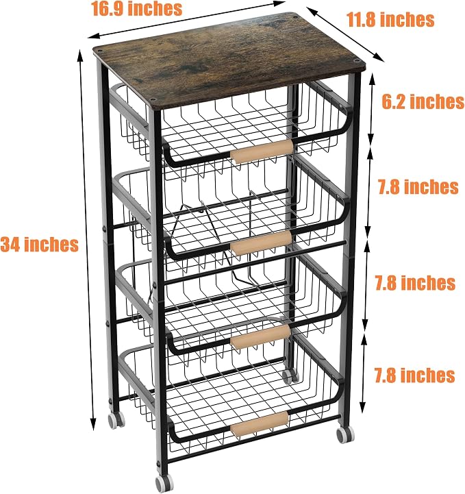 NiuYichee 5-Layer Fruit Basket Kitchen Food Organizer and Rack, Stackable Storage Cart with Desktop, Pull-Out Hollow Metal Basket, Wheeled Sorting Rack Spice Rack, Black - Image 3