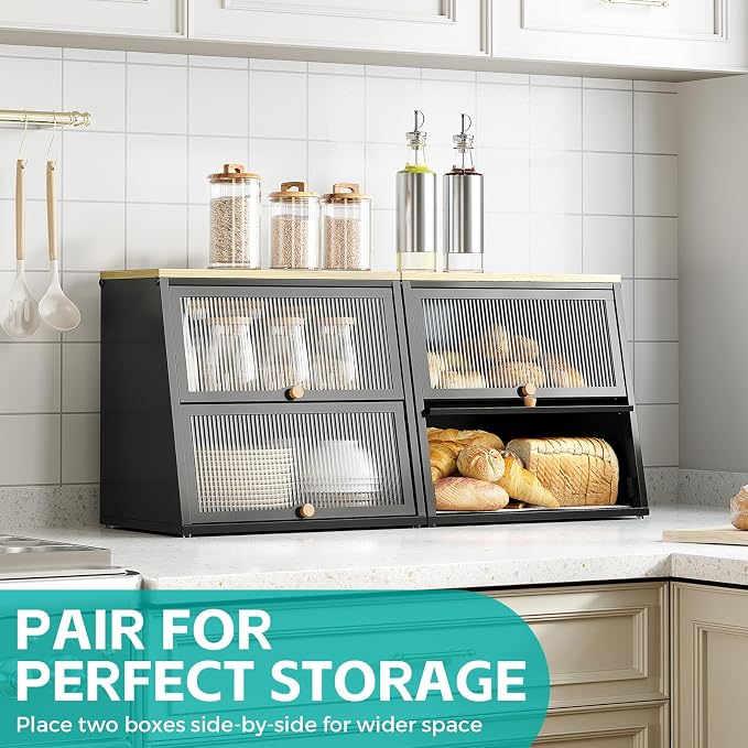 Urackify Bread Box for Kitchen Countertop – 2-Tier Bread Storage Container, Metal Breadbox with Acrylic Wavy Door, Wood Top, Magnetic Seal, Anti-Slip Base, 14.96x9.84x13.78 inch, Black - Image 5