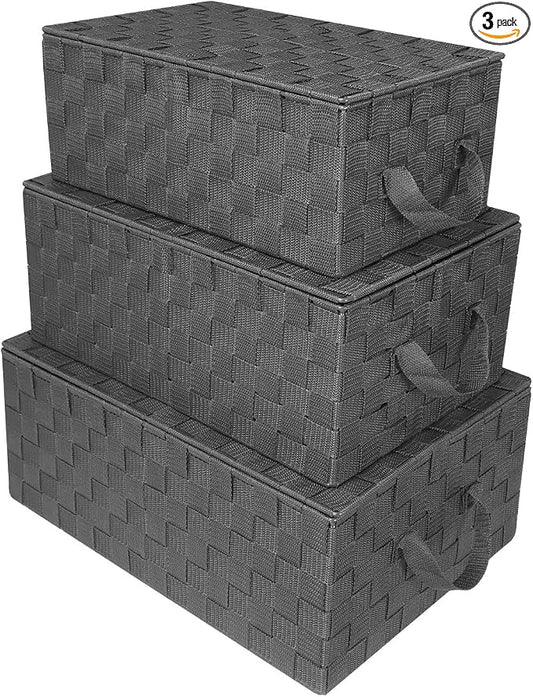Sorbus Set of 3 Storage Baskets for Organizing with Lid, Mesh Hand-Woven Design, Linen Closet Organizers and Storage, Organizer Storage Baskets for Shelves, Variety Pack Organizers and Storage (Gray) by Sorbus