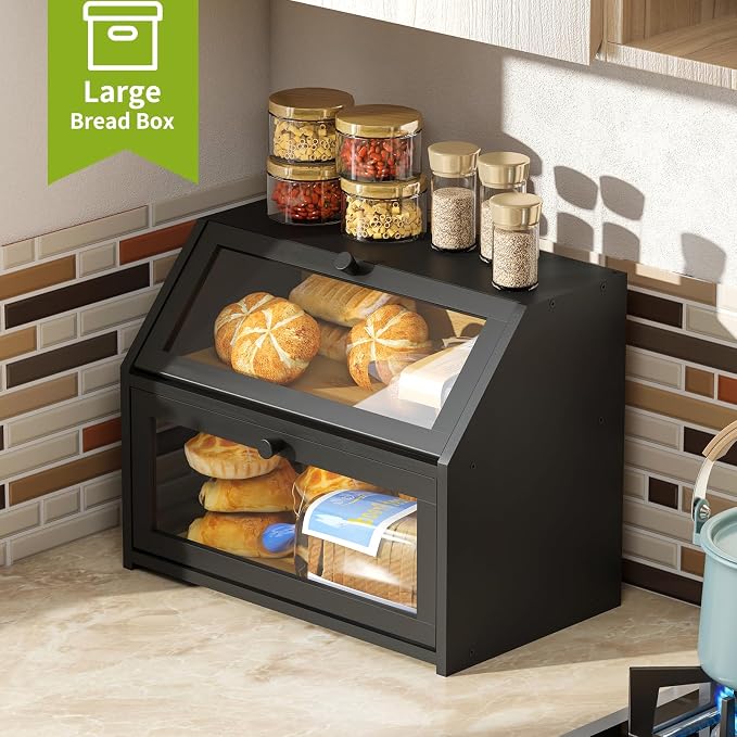 BMOSU Farmhouse Bread Box for Kitchen Countertop Bread box Double Layer Bamboo Wooden Extra Large Capacity Bin Kitchen Food Storage Container(Black) - Image 4