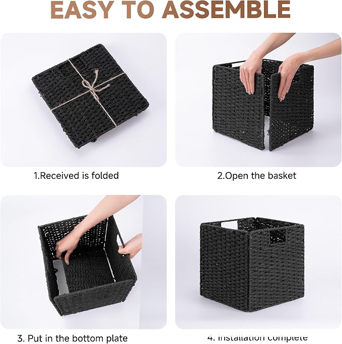 StorageWorks 11 inch Cube Storage Bins, Foldable Wicker Baskets, Black | 2-Pack, Handwoven Storage Cubes with Handles, Paper Rope Baskets for Organizing, Cube Organizer Bins, 11x11 Cube Storage Bins - Image 8