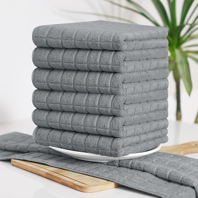 Homaxy Premium Ring Spun Cotton 390 GSM Kitchen Towels, 6 Pack, Grey | 16" x 28" Large Dish Towels, Super Absorbent Terry Hand Towels, Soft Tea Towels with Hanging Loops - Image 8