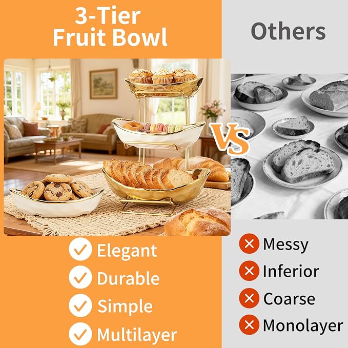 3 Tier Ceramic Fruit Bowl for Kitchen Counter with Metal Rack, Fruit Basket with Stand, Porcelain Bowls for Vegetable Bread Candy Snack Nuts Dessert Cake Tray (Gold 3 Layer) - Image 3