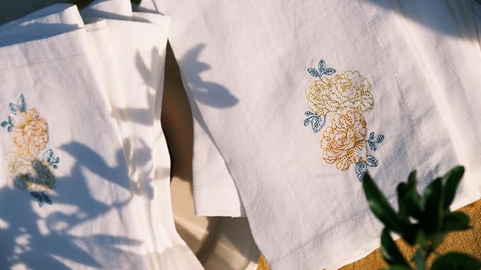 White Linen Napkins Set of 4-100% Pure Linen Embroidered Dinner Napkins, Washable Reusable, 19 x 19 Inch for Spring Summer Mother's Day - Botanical Embroidery (Rose Garden Collection) - Image 5