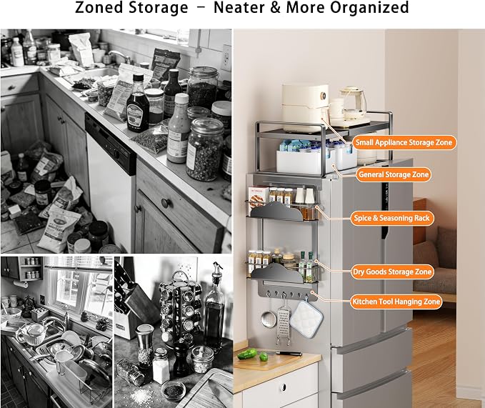 Adjustable Over The Fridge Organizer Side Magnetic Spice Rack,12.4"-23.62" Expandable Top Shelf with Hook & Magnetic Dual Fixed Spice Rack, Fits Most Large Kitchen Laundry Appliances,Dark Grey - Image 6