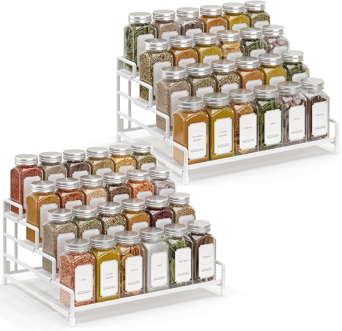 RUILALIFE 4-Tier-Spice-Rack-Organizer-for-Cabinet, Adjustable Depth Spice Holder Shelf For Countertop Pantry Cupboard, Metal Tiered Seasoning Organizer,Display Shelf Riser (White-2 Pack) by RUILALIFE