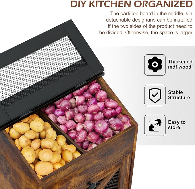 Wooden Potato and Onion Storage Bin w/Lid, Large Capacity and Ventilated Design, Ideal for Pantry, Kitchen Brown - Image 4