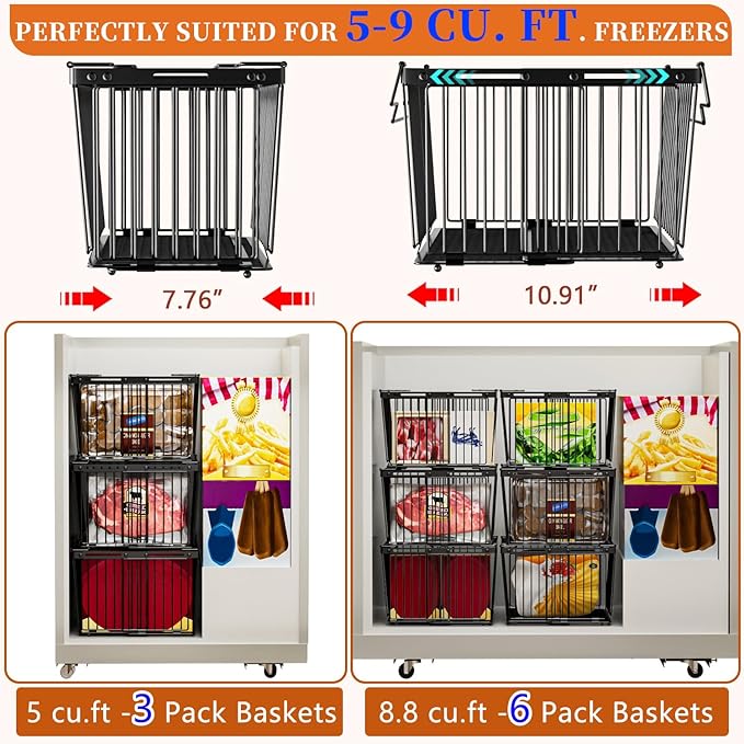 Large Freezer Organizer Bins for 5 to 9 Cu.Ft,Leak-Proof Bottom，3 Pack | ANJUBANFreezer Organizer Bins, Stackable,expandable,foldable,With handle Wire Storage Container Baskets for Sort Frozen Meats - Image 5
