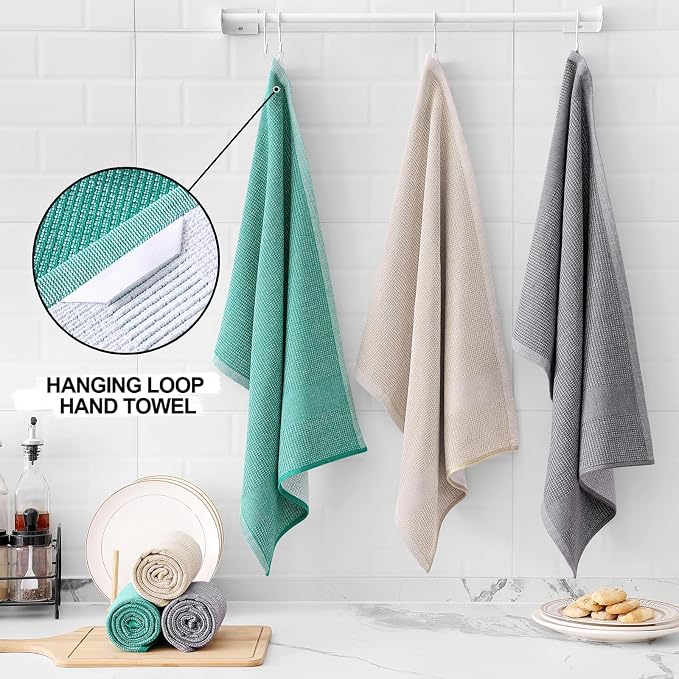 Homaxy 380 GSM Cotton Premium Kitchen Towels 6 Pack, 18"x 28", Mix | Flat and Terry Dish Towels, Highly Absorbent Tea Towel Set with Hanging Loop, Soft Kitchen Hand Towels, Grey/Green/Khaki - Image 3
