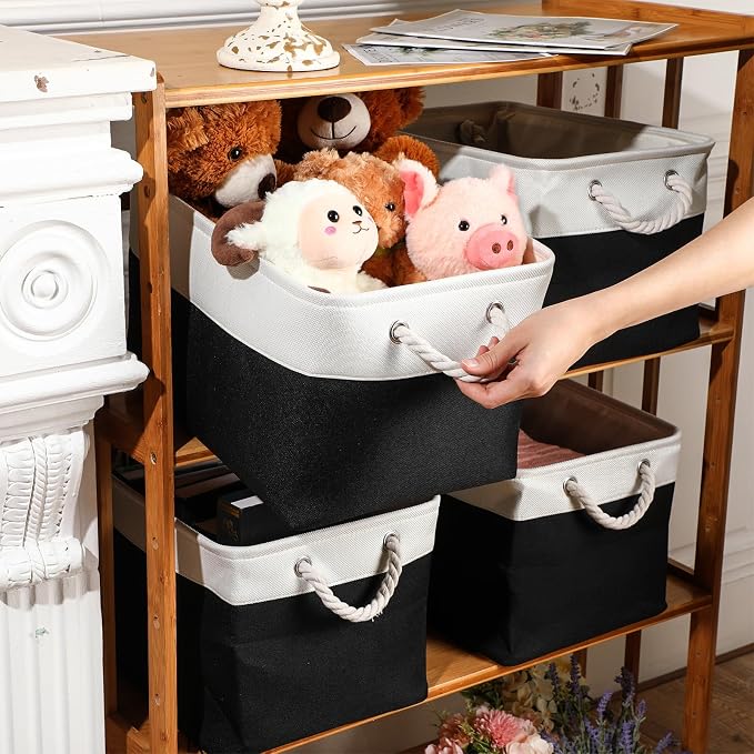 meekoo 8 Pack Collapsible Storage Bins Fabric Storage Bins Polyester Fabric Baskets with Handles Linen Closet Organizer for Shelf Home Closet Towels Toys(15 x 11 x 9.5 in,Black White) - Image 2