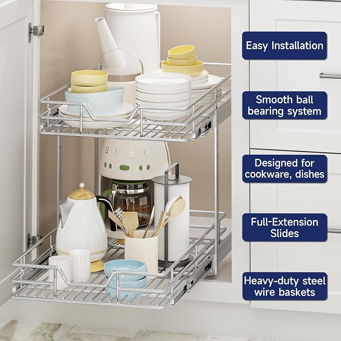 2-Tier Pull Out Cabinet Organizer, 13.5" W x 21.5" D, Heavy Duty Dual Slide Out Shelves for Base Cabinets, Chrome Wire Basket Drawer for Pantry, Kitchen & Bathroom Storage - Image 4