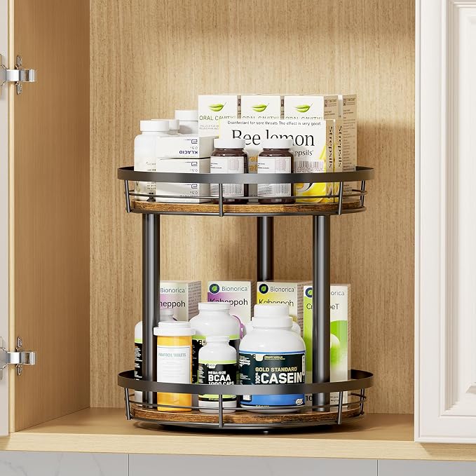 LAMU 12'' Wood Lazy Susan Spice Rack Organizer, 2 Tier Spice Organization for Cabinet, Countertop, Kitchen, Table Top, Pantry, Condiment and Seasoning Rack Organizer - Image 4