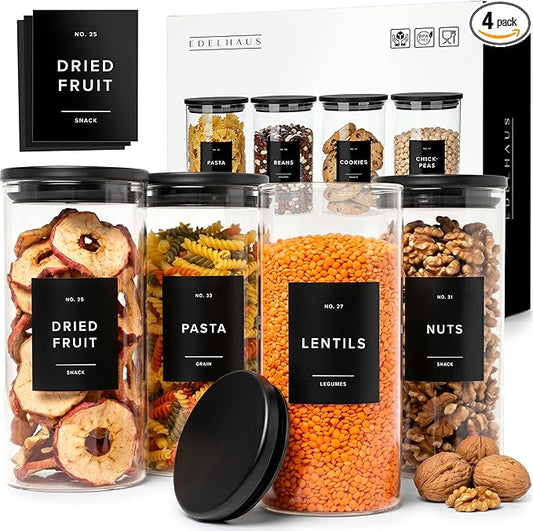 Glass Storage Containers with Black Lids [4x40oz] Extra Thick Glas with 54 Labels - Canister For Pantry Noodles Flour Cereal Rice Sugar Tea Coffee Beans - Round Set by EDELHAUS