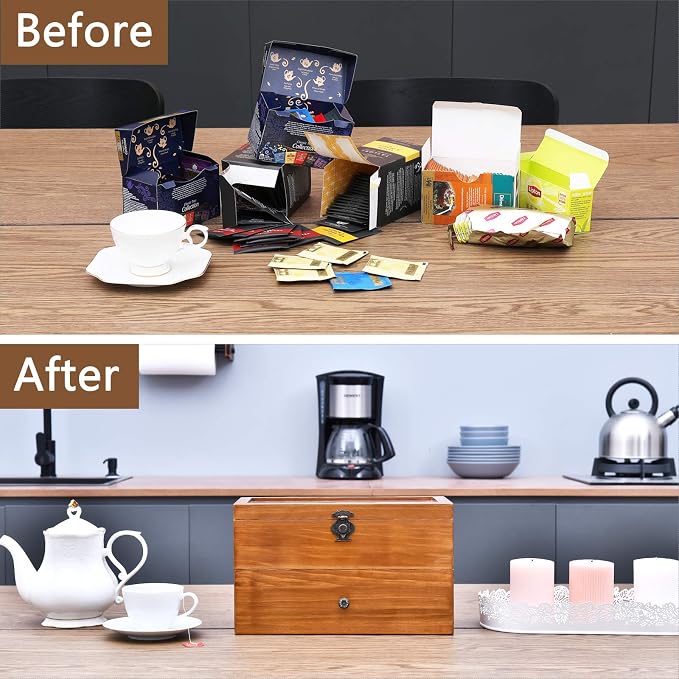 WELLAND Wood Tea Bag Organizer, Storage Box with Clear Acrylic Window, 2-layer 14 Compartments Large Capacity Tea Bag Holders, Gift Idea - Image 7