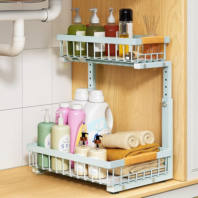 PXRACK Under Sink Organizer, Adjustable Height, 2 Tier Pull Out Under Cabinet Organizer, Slide Out Thickened Metal Under Sink Storage for Kitchen Bathroom Laundry Pantry Cabinet, Blue, Large-1-Pack by PXRACK