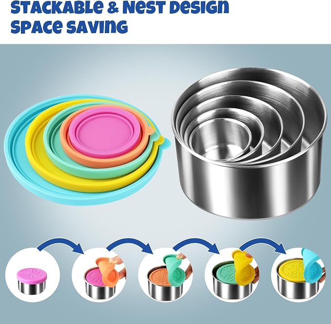 18/8 Stainless Steel Food Snack Storage Containers(5 Pack: 2/4/8/14/24oz) | Stackable, Leakproof Lunch Box with Silicone Lid, for Kids and Toddler Home School Use - Image 3