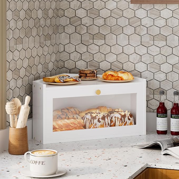 Trironsun Corner Bamboo Bread Box for Kitchen Counter Large Rustic Bread Storage Container with Acrylic Door Space-Saving Vintage Bread Keeper for Homemade Bread (White) - Image 2