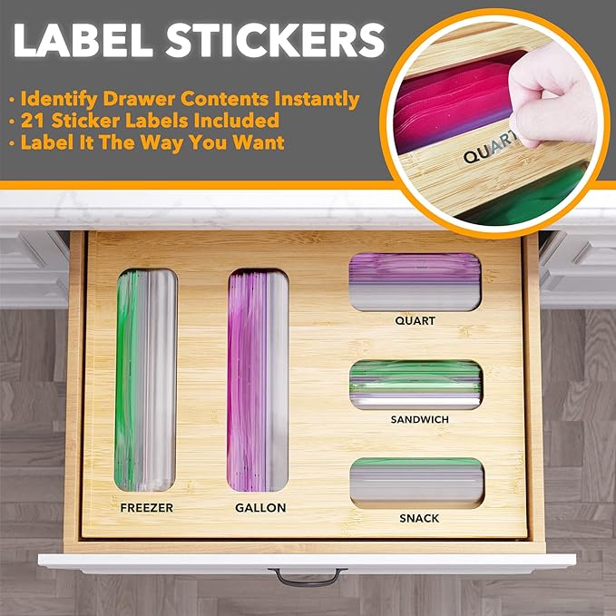 SpaceAid Bag Storage Organizer for Kitchen Drawer, Bamboo Organizer, Compatible with Gallon, Quart, Sandwich and Snack Variety Size Bag (1 Box 5 Slots) - Image 4