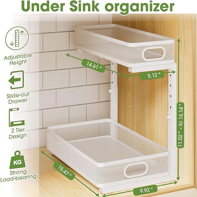 Under Sink Organizer 2-Pack, Metal 2-Tier Pull-Out Cabinet Shelf with Slide-Out Mesh Drawers, Height Adjustable, Space-Saving Under Sink Storage Racks for Kitchen, Bathroom, Laundry Room, White - Image 4