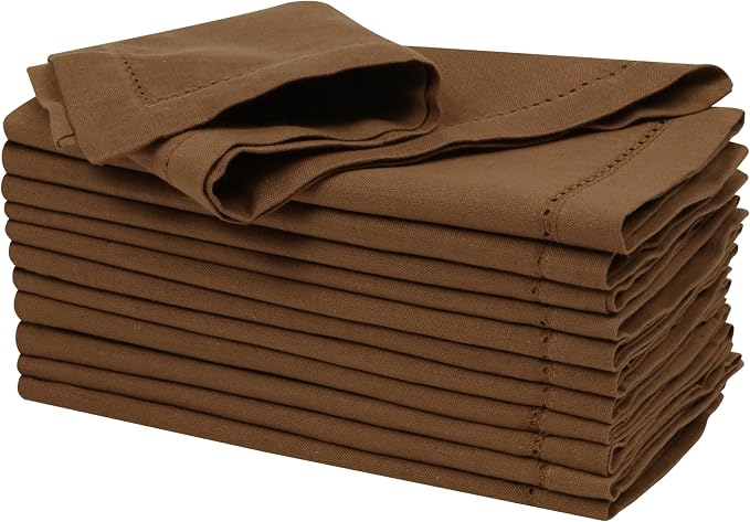 Ramanta Home Brown Cloth Dinner Napkin Set of 12-18x18 Inch | Cotton Linen Flax Hemstitched Napkins Washable for Everyday Use by RamantaHome