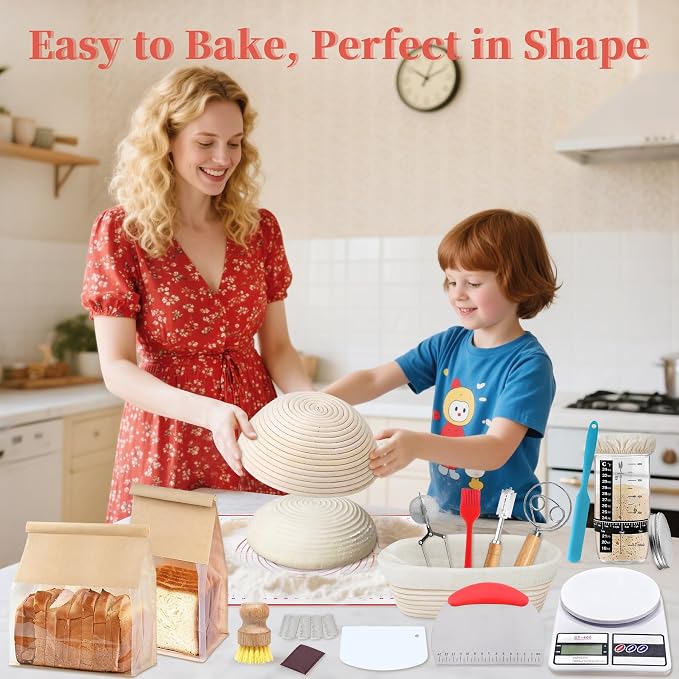 Aliggbent 38Pcs Sourdough Starter Kit, Rattan Banneton Proofing Baskets Jar | Bread Baking Supplies Set 24 oz Digital Scale Danish Whisk Lame Sling Scraper Dough Tools Round Oval Banneton Artisan Bag - Image 5