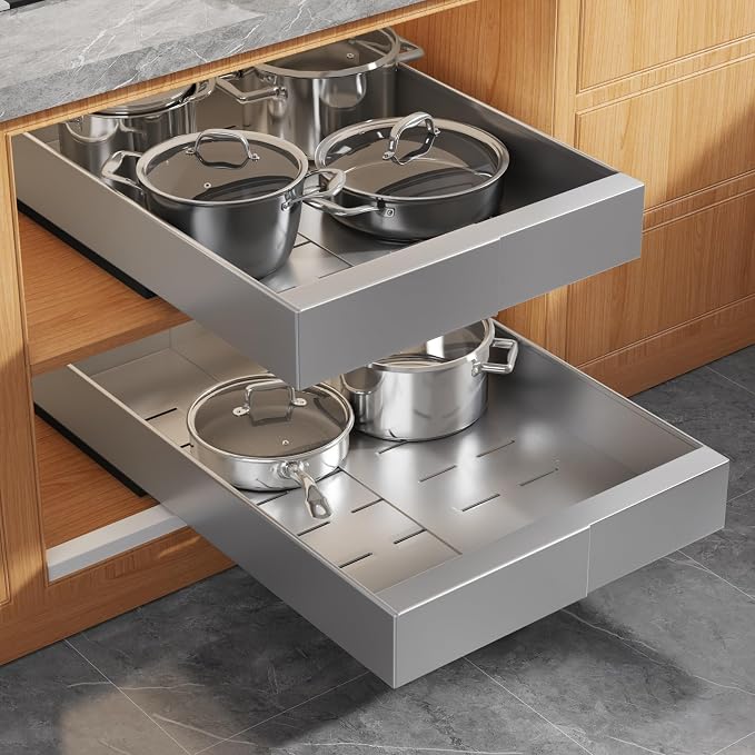 Seinloes 2 Pack Expandable Width (9"-14.1") Pull Out Cabinet Organizer 21" Deep with Raising Pad for Framed Cabinets, Upgrade 3 Slide Rails Slide Out Drawers, Roll Out Shelves Adhesive, Silver by Seinloes