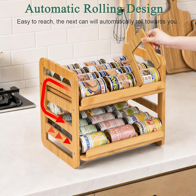 Bamboo Rolling Can Organizer for Pantry: Double-Tier Automatic Rolling Cans Dispenser Rack with Hooks, Can Holders Dispensers for Pantry for Kitchen Cabinet - Image 4