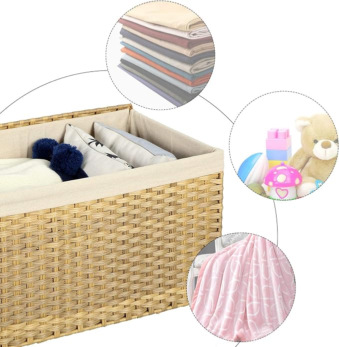 SONGMICS Storage Basket with Lid, Woven Blanket Storage Bin with Handles, Foldable, Removable Liner, Metal Frame, for Bedroom, Laundry Room, 42.3 Gallons (160 L), Natural URST76NL - Image 8