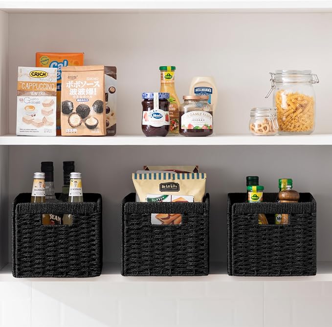 joybest Black Wicker Baskets for Shelves, Hand-woven Storage Baskets | 13.4L x 8.3W x 7.1H inch for Pantry, Kichen Organizing, Foldable Rectangular Bin with Handles, 4-pack - Image 3