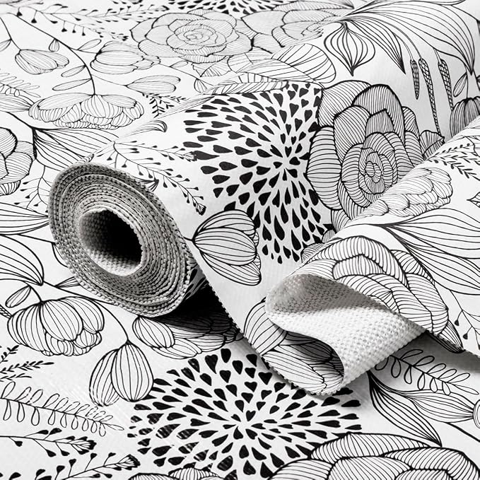 Shelf and Drawer Liner for Kitchen Cabinets, Non-Adhesive Black and White | Strong Non-Slip Floral Shelf Cabinet Drawer Liners, Waterproof Thickened Shelf Liner ,Easy to Clean,12IN x 10FT by Amiitay