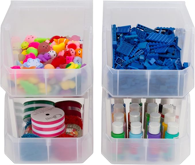 Medium-Tall Stackable Plastic Storage Bins, 4-Pack, Clear | Open-Front Stackable Bins For Garage, Pantry, Closet & Office, 7"L X 11"W X 8"H, Nests When Empty, Durable Plastic, - Image 8