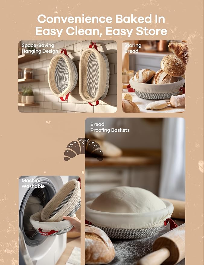 Ganiza 22-Piece Sourdough Proofing Basket Gift Set, Natural Cotton Rope | 9'' Round & 10'' Oval Banneton Basket with Liners & Covers, Easy to Clean, Sourdough Starter Kit with Recipe for Bread Baker - Image 6