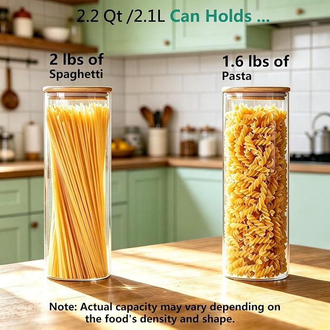 VIEWELLD 2.2 Qt Square Glass Storage Containers with Lids, Clear Food Storage Container Jar with Sealing Bamboo Lid Storage Containers for Pasta, Oats, Coffee, Flour, Sugar, Square Set-3Pack - Image 4
