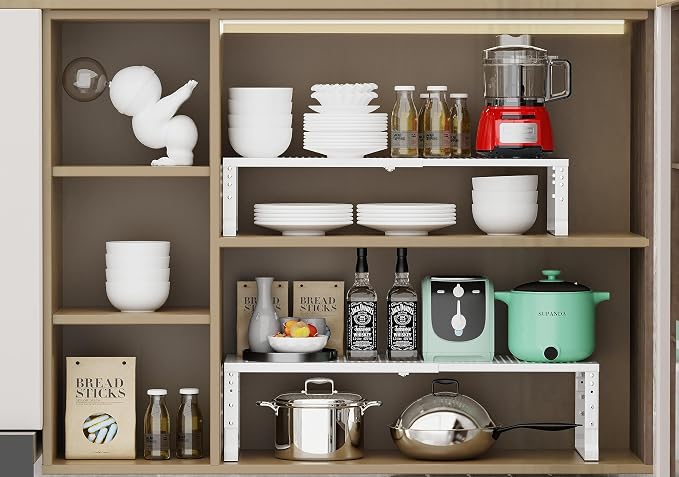 Jojocross Expandable Adjustable Stackable Kitchen Organizer, Spice Rack,Metal Pantry Storage Shelves Racks,Counter Shelf for Cabinets, Countertop, Cupboard(3 Packs/Large/White) - Image 6
