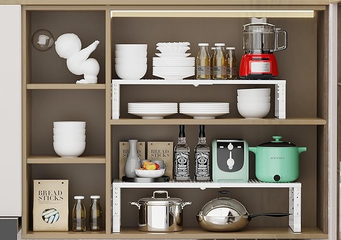 Jojocross Expandable Adjustable Stackable Kitchen Organizer, Spice Rack,Metal Pantry Storage Shelves Racks,Counter Shelf for Cabinets, Countertop, Cupboard (2 Packs/Medium/White) - Image 6