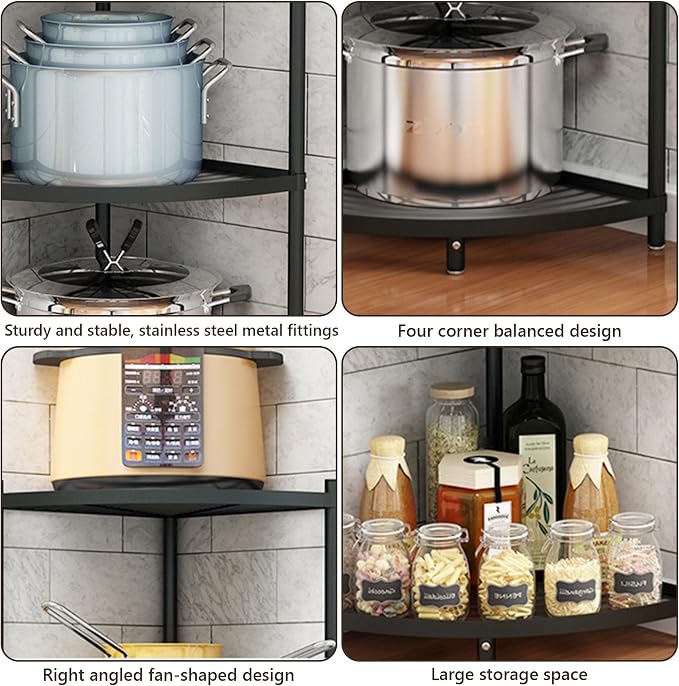 6-Tier Kitchen Corner Pot Rack, Floor Standing Corner Shelf | Narrow Corner Storage, Space Saving, Heavy-Duty Carbon Steel, Thick Solid Grid Shelf, Extra-Large Space Fits Large Cookwares - Image 8