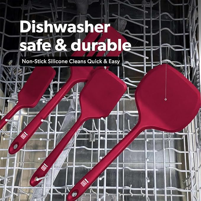 New DI ORO Seamless Series Moda 4-Piece Silicone Turner Spatula Set - 600°F Heat-Resistant Flexible Kitchen Spatulas for Nonstick Cookware - Flippers for Eggs & Pancakes - Utensils for Cooking (Red) - Image 6
