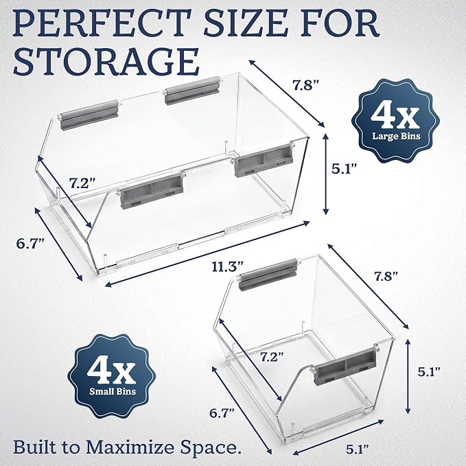 HOMESTEAD Set of 8 Stackable Storage Bins, 4 Large + 4 Small Clear Plastic Organizer Bins, Open Front Design for Kitchen Pantry, Fridge, Cabinet, Bathroom Organization and Bulk Snack Storage - Image 3