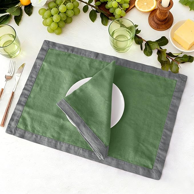 Linen World 100% French Linen Napkins Set of 4,20 x 20 Inch Double Layer Cloth Napkins,Washable Heavyweight for Holiday Dining Kitchen Decor,Grass Green with Slate Gray Contrast Border - Image 7