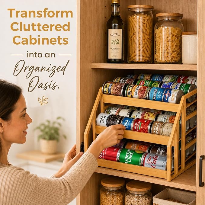 MinBoo 3-Tier Bamboo Can Organizer for Pantry - Holds 36 Cans (9/12/15) - Stackable Canned Food Dispenser with Adjustable Dividers - Gravity-Fed Rolling Storage Rack for Kitchen Cabinets - Image 6