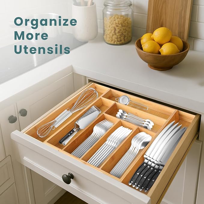 Sben Expandable Drawer Organizer for Utensils Holder, Adjustable Cutlery Tray, Wood Drawer Dividers Organizer for Silverware, Flatware, Knives for Kitchen (Bamboo, Medium) - Image 3