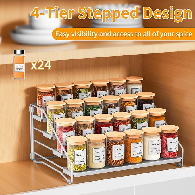 Spice Rack Organizer for Cabinet, Depth Adjustable 4 Tier Spice Rack,1 Pack | Silver, Metal Spice Organization for Cabinet, Easy Visibility, Tiered Spice Rack Perfect for Cabinet, Pantry and Countertop - Image 3